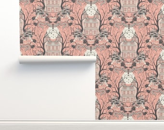 Halloween Damask Non-Pasted Wallpaper Peach Pink Haunted House - A Spooky Situation by cjldesigns Wallpaper Double Roll by Spoonflower