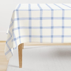 Cottagecore Tablecloth - Blue Plaid Gingham by meela - Checkered Gingham Plaid Blue Cabin Core Kids Cotton Sateen Tablecloth by Spoonflower