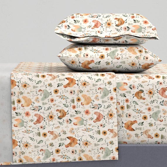 Pastell Hennen Bettwäsche - Aquarell Hühner von the_mirwo_forest - Bauernhaus Frühling Florals Boho Baumwollsatin Bettwäsche Set Bettwäsche von Spoonflower
