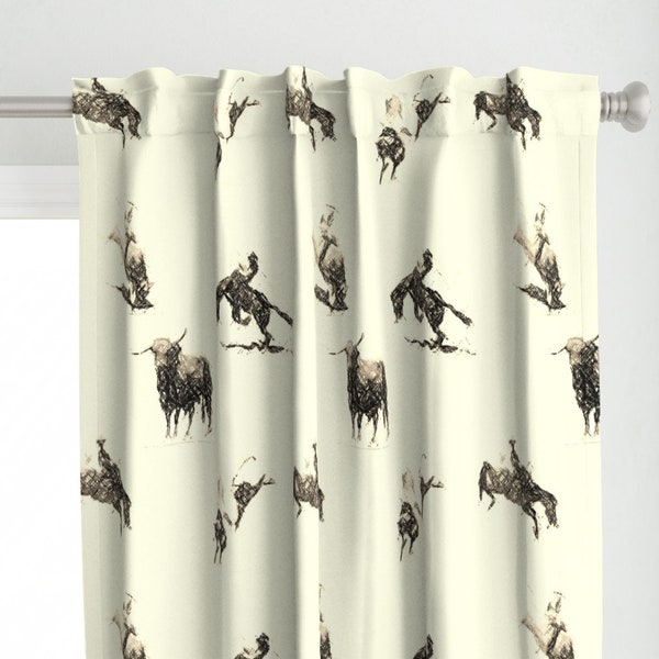Rodeo Curtain Panel - Ride'm Cowboy Toile by redmares - Sepia Toned Old West Horse Bronco Western Rustic Custom Curtain Panel by Spoonflower