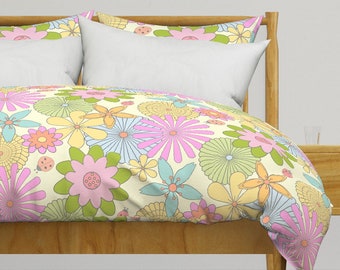 Playful Retro Floral Bedding - 60s Flower Time by michelle_hunt_studio - Pastels Cotton Sateen Duvet Cover OR Pillow Shams by Spoonflower