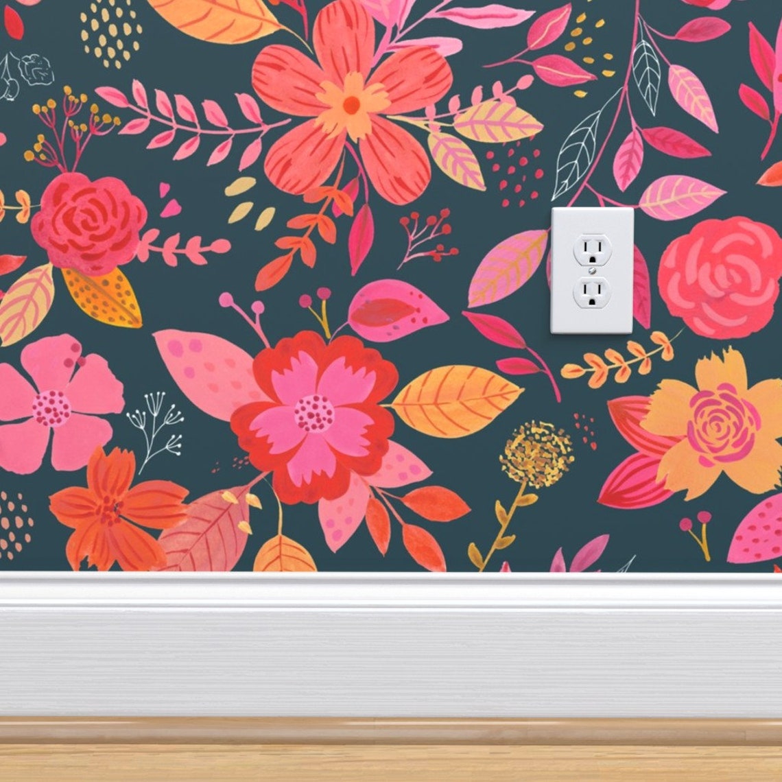 Bright Pink Floral Wallpaper Botanical Blossom by Luli_print - Etsy UK