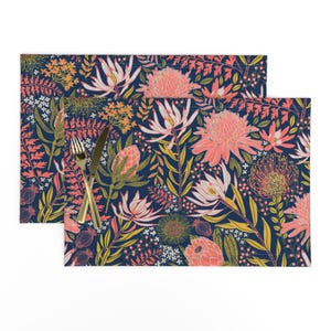 Coral Protea Placemats (Set of 2) - Protea Garden by hnldesigns - Hawaiian Flowers Tropical Florals Cloth Placemats by Spoonflower