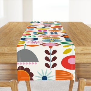 Bright Mod Floral Table Runner - Mod Scandi Garden by katerhees - Whimsical Flowers Kids Room Cotton Sateen Table Runner by Spoonflower