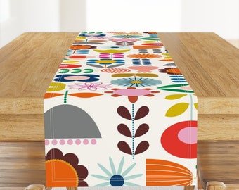 Bright Mod Floral Table Runner - Mod Scandi Garden by katerhees - Whimsical Flowers Kids Room Cotton Sateen Table Runner by Spoonflower