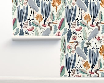 Elegant Heron Non-Pasted Wallpaper Jungle Foliage Wildflower Meadow - Heron And Plants by nina_leth Wallpaper Double Roll by Spoonflower