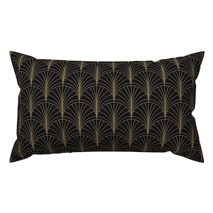 Vintage Lumbar Pillow - Floral Burst Gold On Charcoal by anvil_studio - Floral Geometric Art Deco Art Nouveau Rectangle Accent Throw Pillow