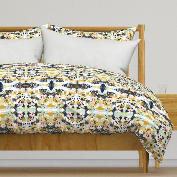 Modern Bedding - Sloane Abstract Painting by charlottewinter - Mustard Navy Mint Cotton Sateen Duvet Cover OR Pillow Shams by Spoonflower