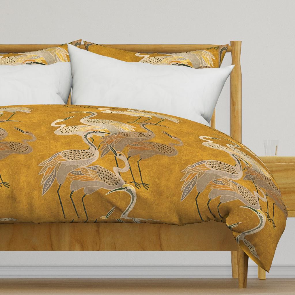 Maximalism Bedding - Golden Hour Cranes by shellyreneedesigns - Art Deco Birds Boho Crane Luxe Cotton Sateen Duvet Cover OR Pillow Shams