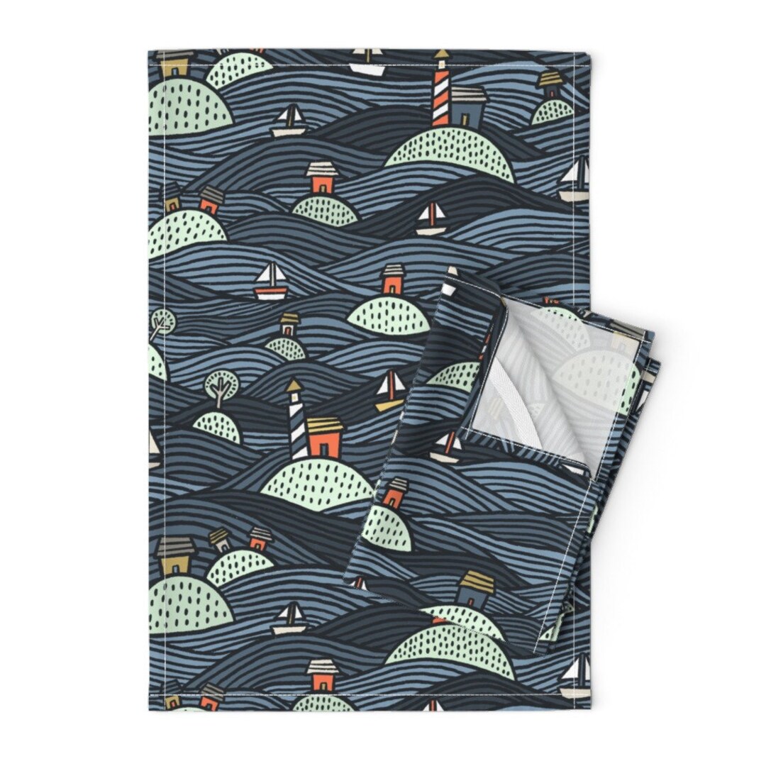 Boats Tea Towels set of 2 Islands on the Lake by Amy_maccready Lake Island Fishing Camping Linen