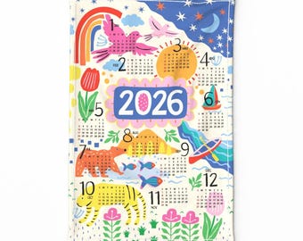 2026 Calendar Tea Towel - Inspiring Nature by roochita - Bright Birds Whimsical Animals Joyful Linen Cotton Canvas Tea Towel by Spoonflower