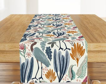 Blue Heron Table Runner - Nature Floral Wildlife Cream Green Blue Pink Cotton Sateen Table Runner - Heron And Plants by nina_leth