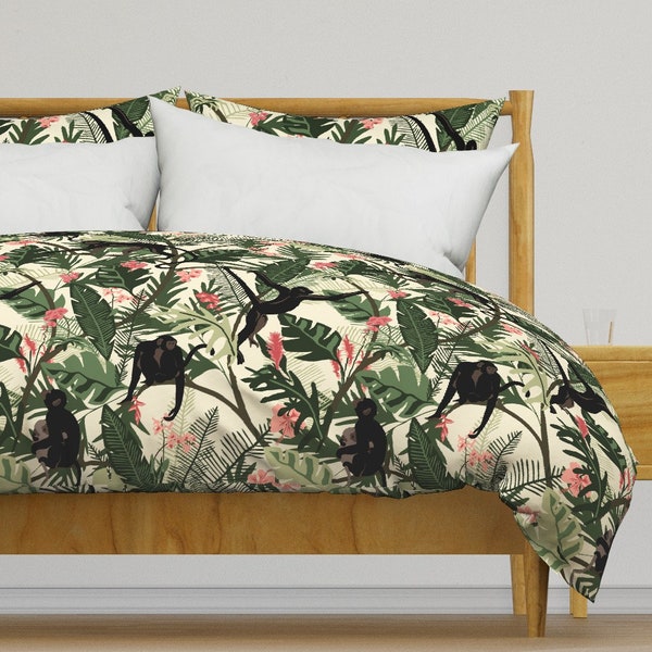 Tropical Botanical Bedding - Maximalist Monkeys by fernlesliestudio - Large Scale Cotton Sateen Duvet Cover OR Pillow Shams by Spoonflower