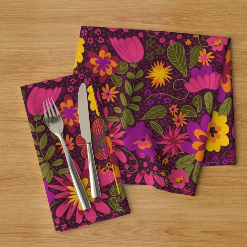Set of 2 Retro Flower Garden Magenta Wildflowers Cloth Napkins by Spoonflower 1960s Floral Dinner Napkins - Floral Mod by jenflorentine