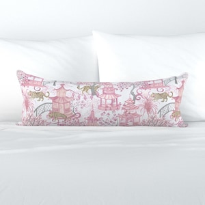 Pink Chinoiserie XL Lumbar Pillow - Bowtie Leopard by danika_herrick - Whimsical Pagoda Extra Large Rectangle Lumbar Pillow by Spoonflower