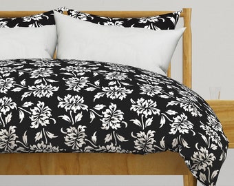 Tiki Floral Bedding - Aloha Flowers by muhlenkott - Black And White Tapa Island Cotton Sateen Duvet Cover OR Pillow Shams by Spoonflower