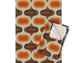 Retro Tea Towels (Set of 2) - Tweedy Seventies Ogees by ottomanbrim - Orange Brown Yellow Ogee Tweed Linen Cotton Tea Towels by Spoonflower