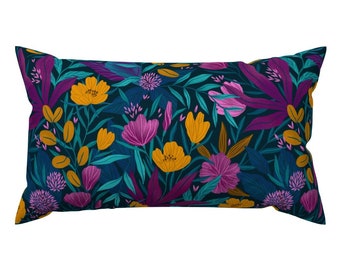 Jewel Tone Jungle Accent Pillow - Wild Tropical Flowers Large by alenkakarabanova - Dark Teal Rectangle Lumbar Throw Pillow by Spoonflower
