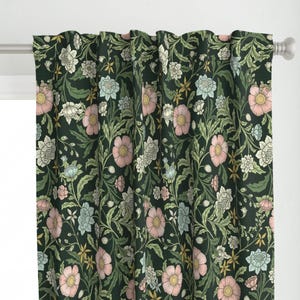 Dark Green Curtain Panel - Trailing Floral Foliage by bloomerydecor - Botanical Vines Pink Blue Flowers Custom Curtain Panel by Spoonflower
