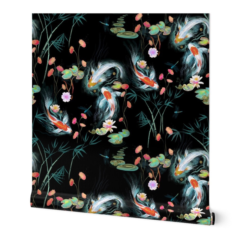 Koi Pond Wallpaper Japanese Water Garden Black by - Etsy