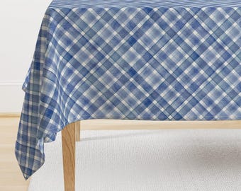 Blue Plaid Tablecloth - Watercolor Blue Plaid by olgersart - Traditional Check Watercolor Diagonal Cotton Sateen Tablecloth by Spoonflower
