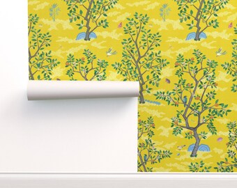 Chinoiserie Commercial Grade Wallpaper - Citrus Grove Gold And Green by danika_herrick - Chartreuse Wallpaper Double Roll by Spoonflower