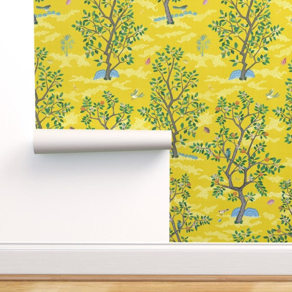 Chinoiserie Wallpaper Citrus Grove Gold And Green By Etsy