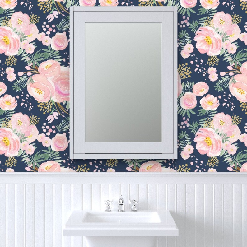 Pink Floral Wallpaper Navy Floral Pink and Gold by Etsy