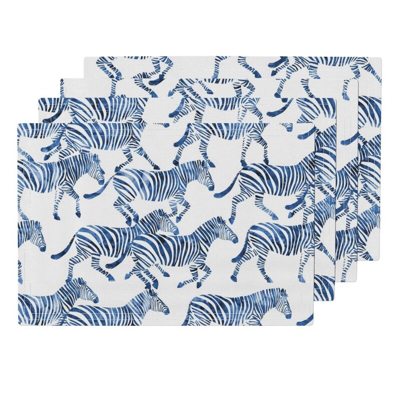 Watercolor Zebra Placemats - Zebras In Blue by littlearrowdesign Animal Print Trend Cloth Placemats by Spoonflower Set of 4