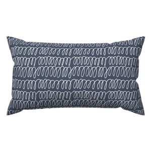 May include: A navy blue rectangular pillow with a white doodle pattern of continuous lines.