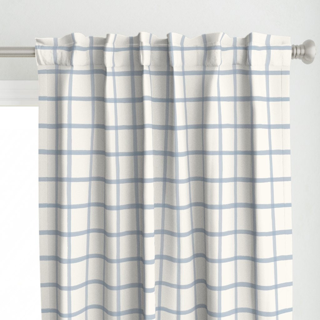 Sky Blue Grid Curtain Panel - Cream Blue Plaid Grid Light Blue Check ...