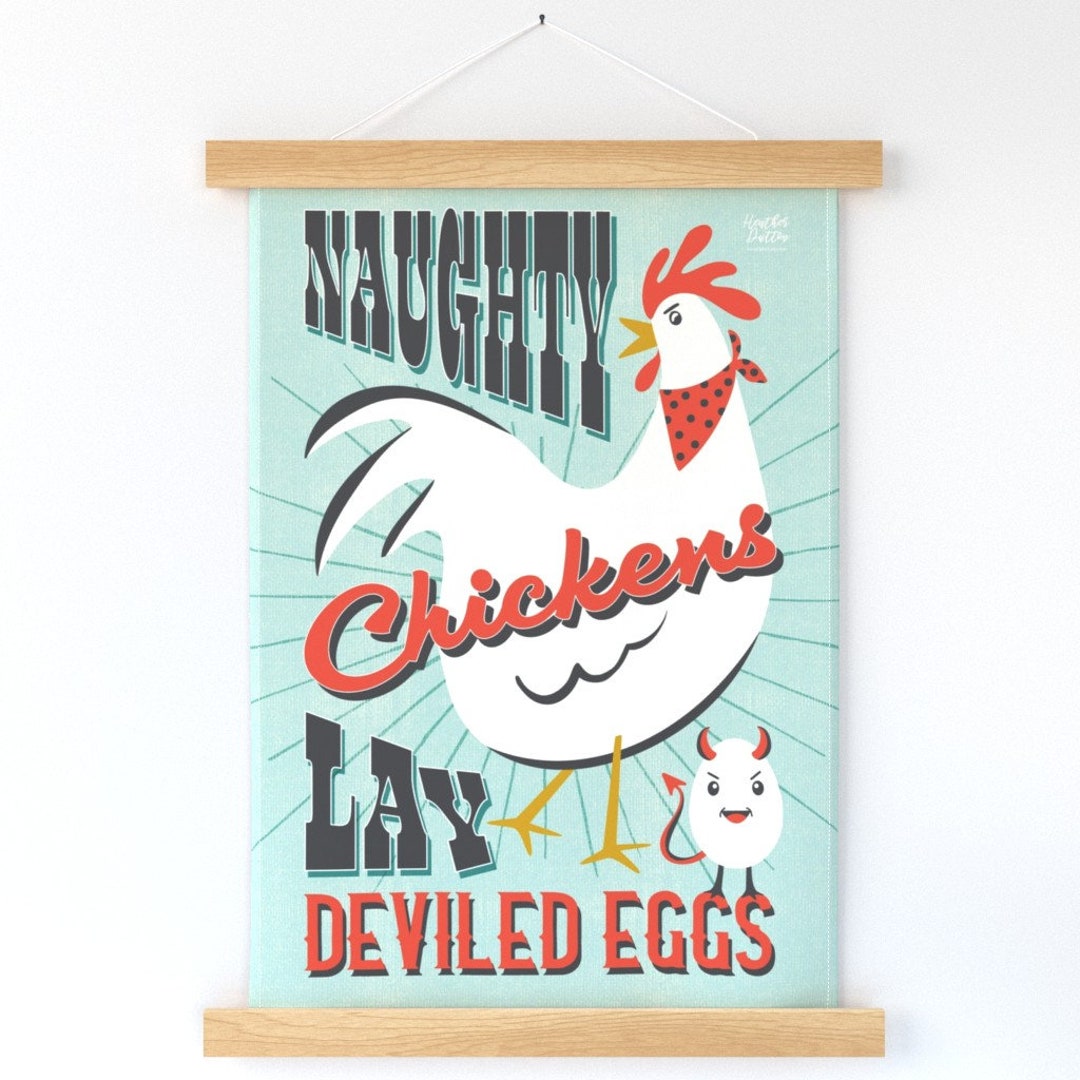 Funny Wall Hanging Naughty Chickens Lay Deviled Eggs by Heatherdutton Blue White Red Printed Tea
