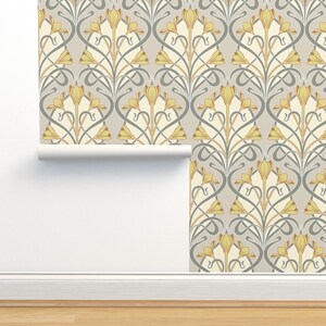 Art Nouveau Non-Pasted Wallpaper - Crocus Art Nouveau by mia_valdez - Neutral Modernism 1900s Inspired Wallpaper Double Roll by Spoonflower