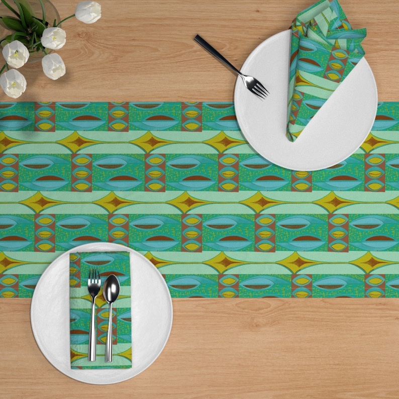 Mid Century Table Runner Abstract Shield Blue Brown by sophista-tiki/_by/_dawn/_frasier Mod Tiki Cotton Sateen Table Runner by Spoonflower