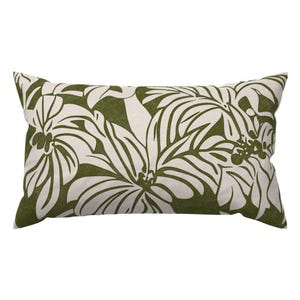 May include: A rectangular throw pillow featuring a bold, large-scale botanical print. The design consists of deep olive green leaves and floral shapes set against a light cream-colored background, creating a high-contrast, repeating pattern.