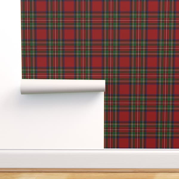 Large Scale Tartan Commercial Grade Wallpaper - Stewart Plaid by paper_and_frill - Red Green Plaid Wallpaper Double Roll by Spoonflower