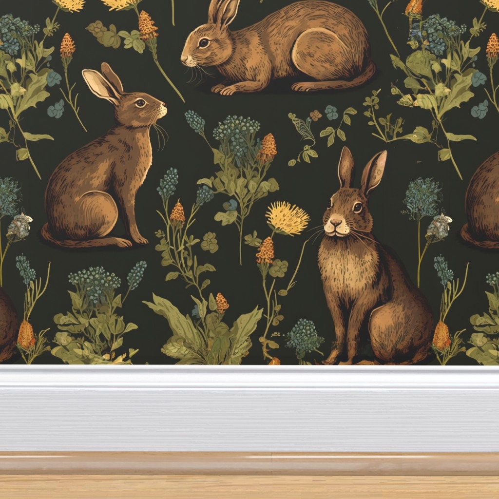 Medieval Rabbit Non-pasted Wallpaper Woodland Bunny Fern Botanical ...