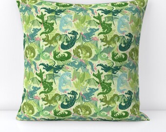 Green Throw Pillow - Green Dragons by morganmudway - Cute  Children Fun Dragon Kids Dragons Decorative Square Throw Pillow by Spoonflower