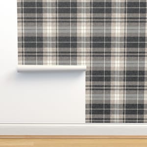 Autumn Plaid Non-Pasted Wallpaper - Neutral Plaid Charcoal by littlearrowdecor - Fall Neutrals Winter Wallpaper Double Roll by Spoonflower