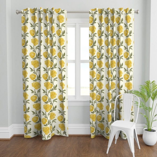 Vintage Floral Curtain Panel - Woodblock Peonies by kaileyhawthorn - Green And Yellow Large Scale Custom Curtain Panel by Spoonflower