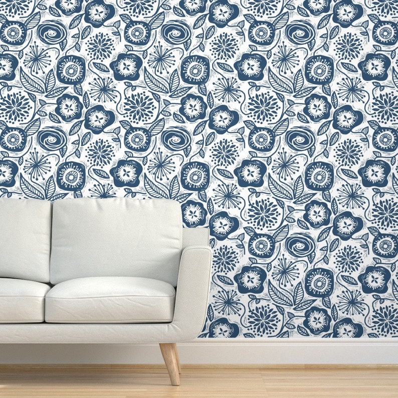 Mod Floral Wallpaper Linocut Leaves and Petals by | Etsy
