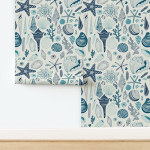 Teal Shells Non-Pasted Wallpaper Ocean Seaside Shades Of Blue  - Seashells On Cream by katerina_kirilova Wallpaper by Spoonflower