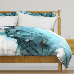 Abstract Marble Bedding - Abstract Ocean Blue by dailymiracles - Teal Waves  Cotton Sateen Duvet Cover OR Pillow Shams by Spoonflower