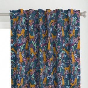 Modern Animal Print Curtain Panel - Floral Cheetah On Blue by oneandonlypaper - Boho Jungle Custom Curtain Panel by Spoonflower
