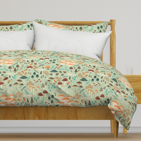 Whimsical Forest Bedding - Mushroom Foraging by yuanxu - Woodland Mushrooms Cotton Sateen Duvet Cover OR Pillow Shams by Spoonflower