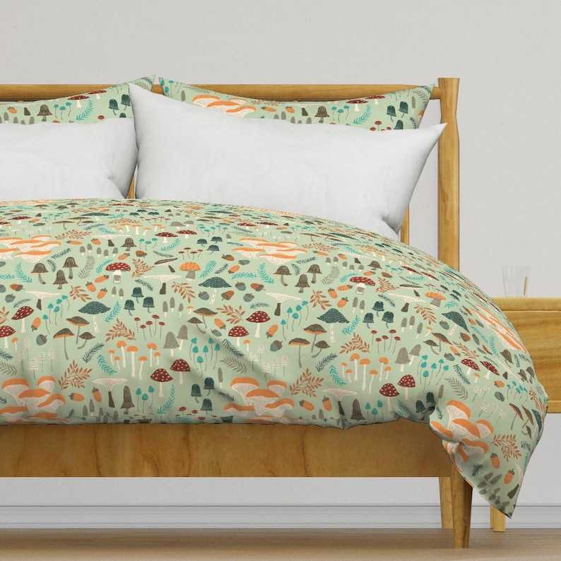 Whimsical Forest Bedding - Mushroom Foraging by yuanxu - Woodland Mushrooms Cotton Sateen Duvet Cover OR Pillow Shams by Spoonflower image 1