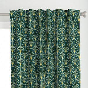 Green Gold Fans Curtain Panel - Art Deco Emerald  by danadudesign - Art Deco Style Vintage Inspired Custom Curtain Panel by Spoonflower