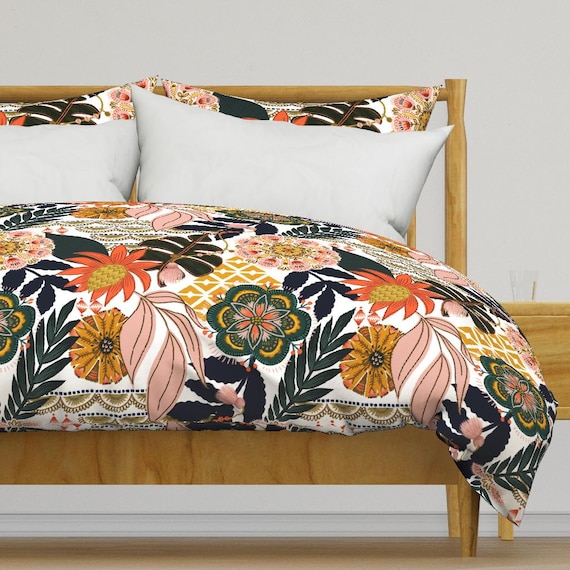 Boho Sommer Bettwäsche - Boho Tropical Marine von fineapple_paar - Mandala Boho Baumwollsatin Bettbezug oder Kissenbezüge von Spoonflower