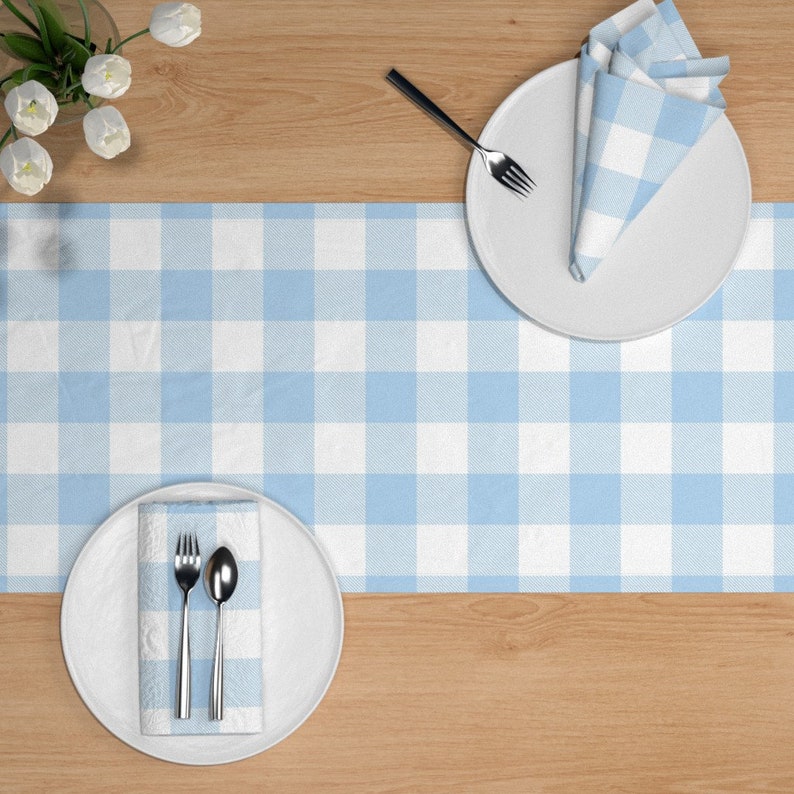 Big Buffalo Plaid Blue And White by sugarpinedesign Checked Table Runner Retro Blue Plaid Cotton Sateen Table Runner by Spoonflower