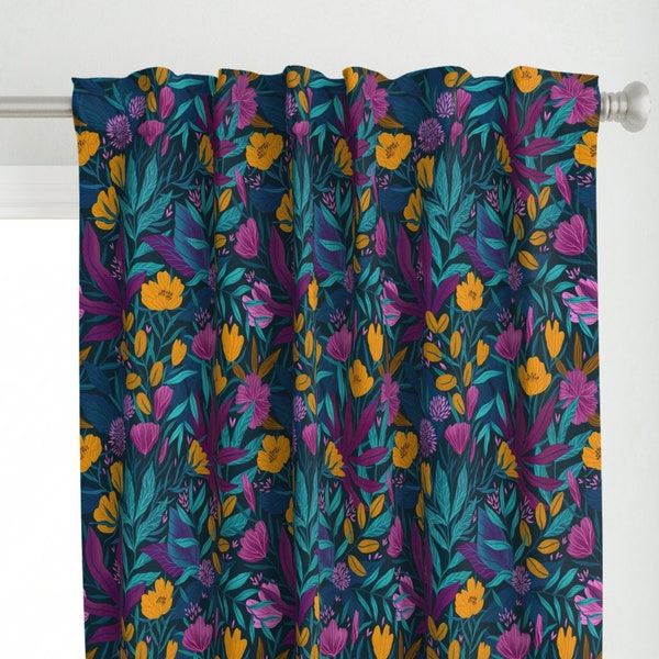 Jewel Tone Jungle Curtain Panel - Wild Tropical Flowers Large by alenkakarabanova - Dark Teal Rainforest Custom Curtain Panel by Spoonflower